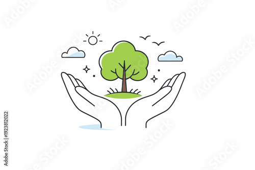 Nature protection concept. Hands gently holding a tree, leaf, or small ecosystem icon, with birds and clouds suggested through simple shapes. The illustration