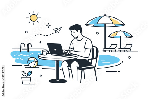 Laptop work near swimming pools. A professional working on a laptop at a poolside table, calm water and sun umbrellas nearby. Relaxed productivity in a