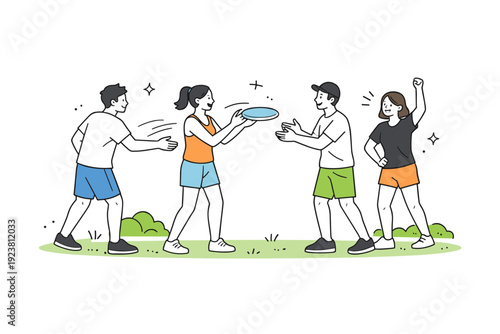 Friendly frisbee match. Characters passing a frisbee in a small group on a lawn, showing teamwork, laughter, and outdoor activity in a relaxed environment.