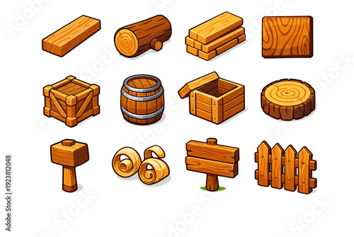 Wooden. Colorful isometric vector icons set of Wooden: wooden plank, tree log, sawn timber stack, wood grain texture, wooden crate, barrel, wooden box, log