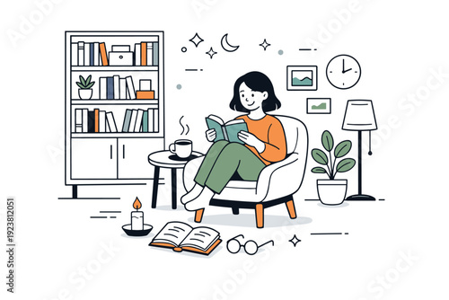 Home library styling. Finished styled library space, person enjoying a book in a well-organized room, peaceful satisfaction and lifestyle