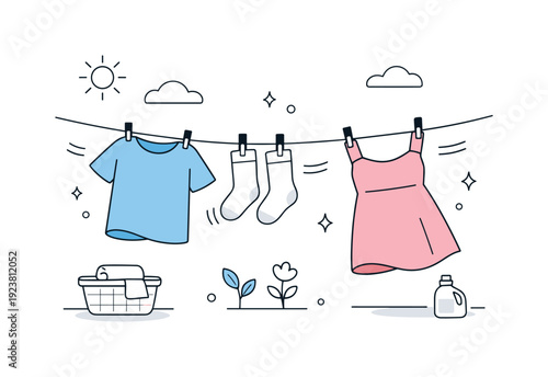 Clothes drying on a clothesline with sun and clouds in the background