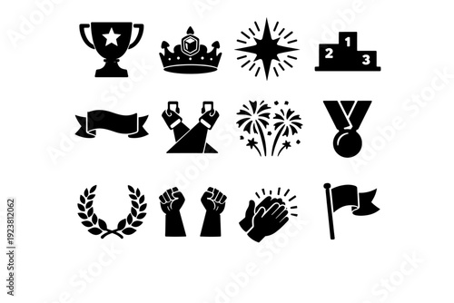 Ultimate success moment. Solid icon set of Ultimate success moment: grand trophy, crown jewel, radiant starburst, podium top, victory banner,