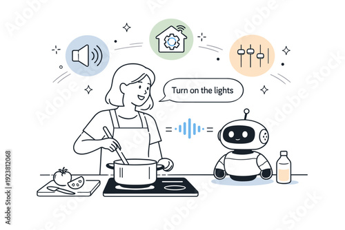 Smart home command scene. Person speaking to a robot assistant or smart device while cooking, soft floating icons of sound, control, and automation enhancing