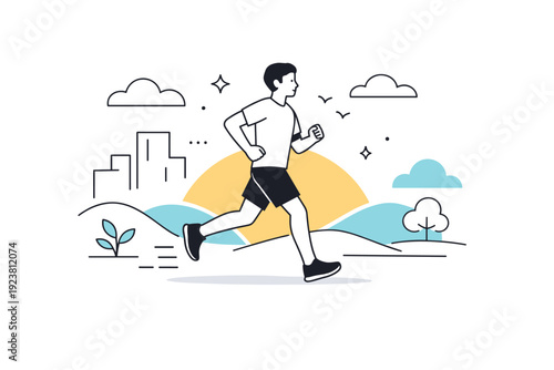 Morning run concept. A calm scene with a runner surrounded by soft sunrise shapes, gentle clouds, and abstract city or nature silhouettes. The illustration
