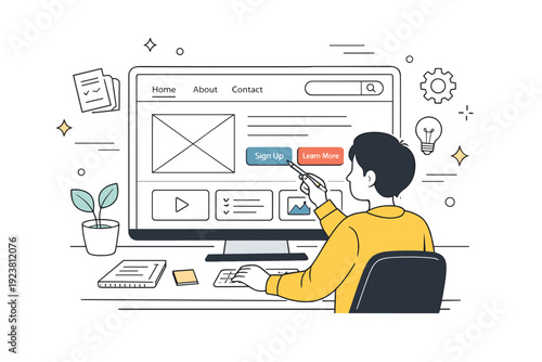 Web design. Person working on a website layout with wireframe blocks, buttons, and navigation elements on a screen. Calm focused mood showing