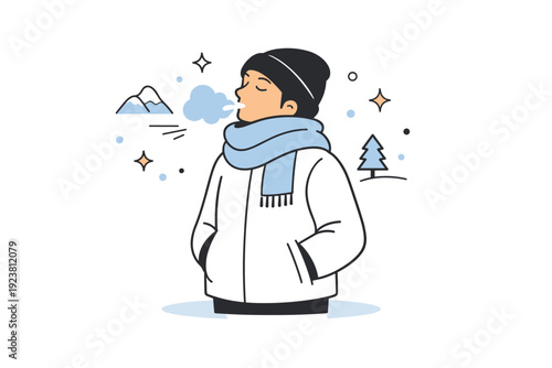Breath in cold air. Individual wrapped in a scarf with warm breath fogging up slightly in front of them, hands in pockets. Visual expression of mindful
