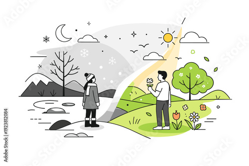 Changing light. A landscape split between muted winter tones and fresh spring colors, connected by soft gradients of shapes. Calm editorial scene expressing