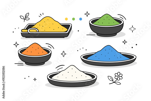 Natural color powders. Simple bowls and trays with muted pigment powders, arranged neatly with plenty of space. Editorial still-life inspired