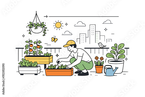 Balcony Garden Bliss. Urban gardening. A small balcony garden with a person tending plants in containers and boxes. The illustration shows nature integrated