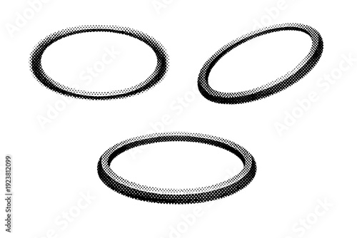 Halftone dotted oval frame A single oval dotted frame border shown in three views including front view, angled view, and three-quarter depth