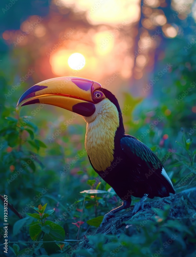 Obraz premium A bird with a black and yellow beak is standing in a forest