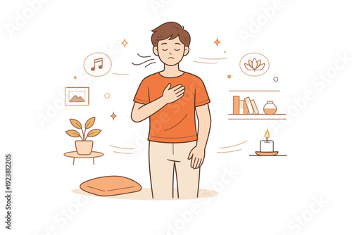 Mindful voice training at home. A person standing calmly with hand on chest, practicing breath and posture exercises in a peaceful home space. Soft