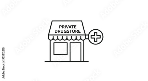 Simple line drawing of a private drugstore storefront black silhouette