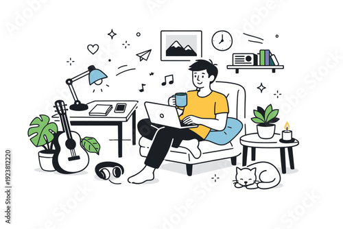 Home studio ? relaxed creative routine. Person working comfortably with plants, lamp and personal items around, expressing balance between work and home life.