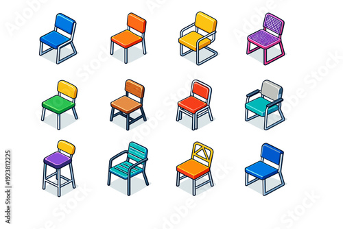 Remote Work Family. Colorful isometric vector icons set of remote work family: parent on laptop, shared workspace table, kids drawing nearby, noise canceling