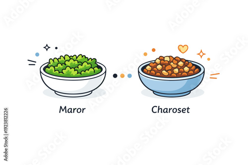 Passover symbolic foods close-up. A focused view of maror and charoset side by side, emphasizing contrast between bitterness and sweetness, simple bowls and
