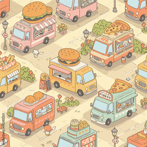 Adorable illustration of various food trucks parked on the street with charming details, patern seamless, Stock royalty image.