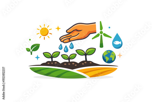 Sustainable agriculture shown as a farmer hand nurturing young plants with water drops and eco icons, conveying balance between productivity