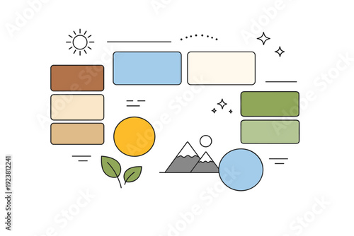 Natural color palettes. A calm abstract scene showing swatches inspired by earth, sky, and plants arranged in a balanced layout, suggesting harmony and natural