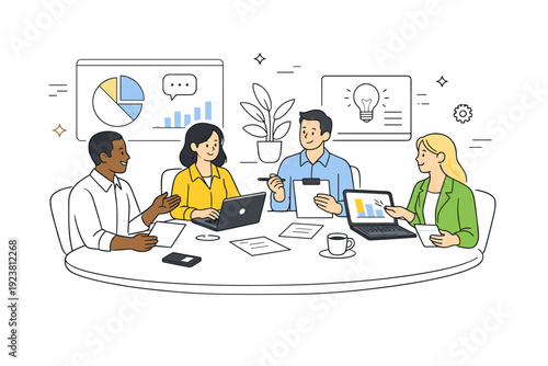 Entrepreneurs meeting with clients in a conference room. Diverse team reviewing notes and screens together, calm collaboration and strategic