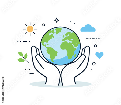 Hands cradling the Earth with environmental icons symbolizing care and protection