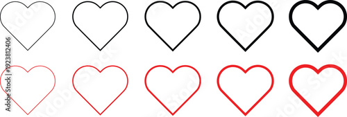Heart Outline Icon Set – Love Symbol Stroke Variation Black and Red Line Vector Collection