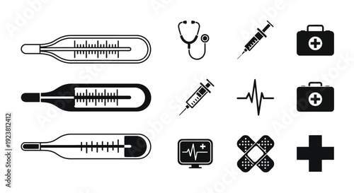 Medical tools and equipment depicted as bold black silhouettes
