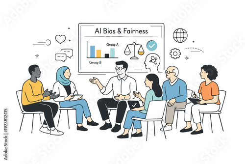 AI bias review workshops. A calm editorial scene of diverse participants seated in a circle, discussing data and fairness on a digital whiteboard, expressing