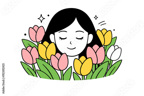 Close-up portraits with tulips. Simplified face and tulips filling most of the frame, minimal background. Floral closeness, softness, calm