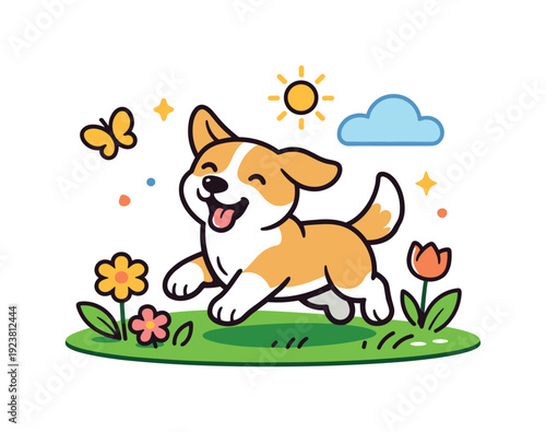 Joyful cartoon corgi dog running through a field of flowers on a sunny day