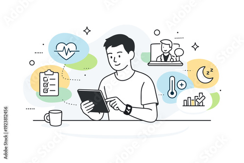 Remote monitoring setup. Patient sitting at a desk with tablet and wearable device, soft abstract shapes floating around to convey digital health tracking and