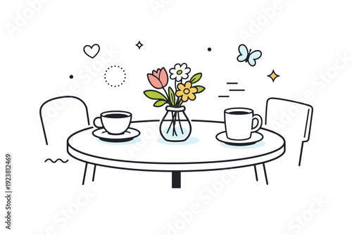 Flowers on cafe tables. A small vase with fresh flowers placed at the center of a cafe table, untouched cups nearby. Quiet pause between visitors, gentle