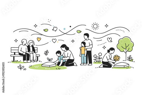 Community eco-memorial park. Families visiting a shared green space with benches, low-impact burial plots, and flowering native shrubs, floating abstract lines