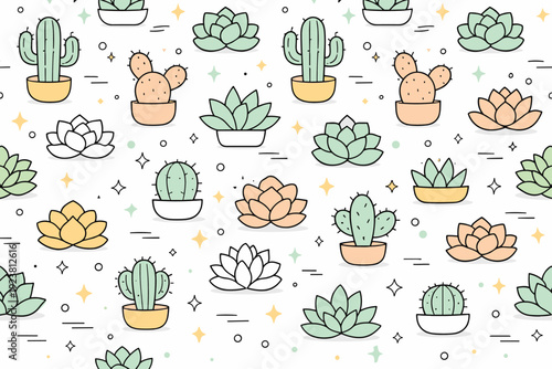 Succulent plant pattern. Stylized succulents and cacti arranged in a repeating layout, abstract floating stars and lines adding soft visual