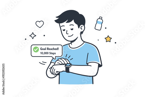 Health app notification. Person receiving a daily step goal alert on a smartwatch and smiling with quiet motivation. Calm healthy lifestyle