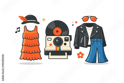 Vintage clothing styles evoking cultural history and iconic fashion moments from the past. A minimal conceptual illustration where clothing