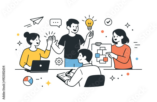 Diverse team collaborating on a project, brainstorming ideas and celebrating success