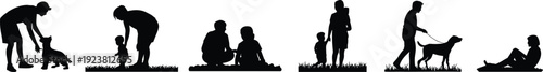Silhouette collection of family activities, parents and children playing, walking dog, bonding moments on grass, isolated on white background banner