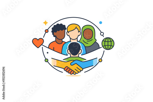 Diversity and inclusion compact editorial badge with varied human forms and connecting elements, communicating unity, respect, and modern