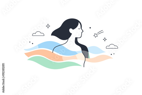 Soft gradients. Abstract human figure partially blending into smooth gradient waves and clouds. Dreamy, modern editorial scene with gentle depth and softness.