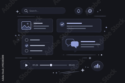 Dark mode calm screens. Abstract dark interface with floating text blocks and muted icons, softly glowing on a black background. The mood