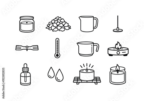 Candle making supplies and tools illustrated with simple line art icons