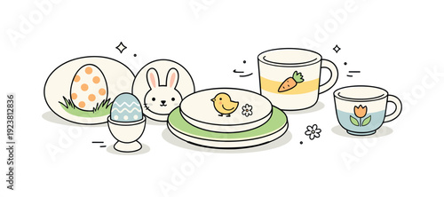 Cute Easter themed tableware with eggs, bunny, chick, and flowers