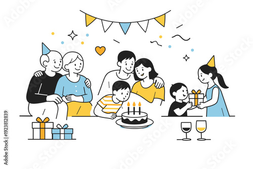 Family celebration. A harmonious editorial composition symbolizing family togetherness through simple characters, gentle gestures, and shared space. Calm