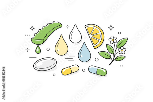 Natural skincare ingredients scene. Abstract plant extracts, oil drops, and capsules floating gently together. Clean modern aesthetic combining nature and
