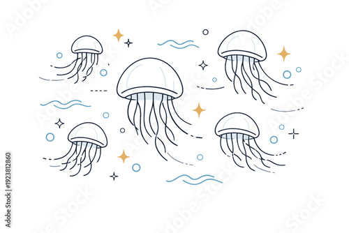 Jellyfish underwater. Several translucent jellyfish float gracefully through the ocean, subtle motion lines and abstract dots emphasizing calm and delicate