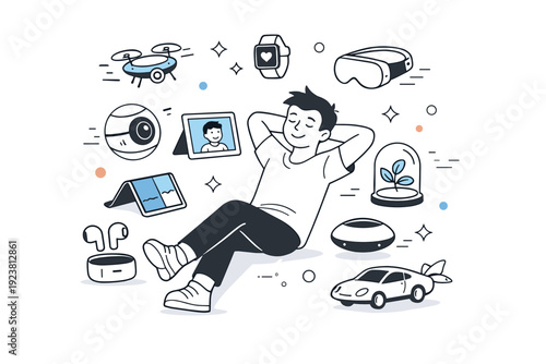 Future gadgets concept. Abstract futuristic devices floating around a relaxed character, sense of innovation and optimism. Clean editorial
