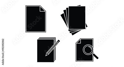 Stack of documents with office supplies a minimalist silhouette