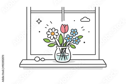 Bouquets on windowsills. A simple bouquet rests on a windowsill, light coming softly through the glass. Quiet domestic stillness, paused